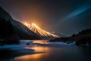 een berg reeks is verlichte door de licht van een brand. ai-gegenereerd foto