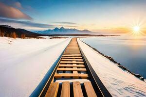 een houten bijhouden Leidt naar de zon Aan een besneeuwd strand. ai-gegenereerd foto