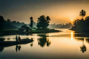 de zon sets over- de rivier- in voorkant van een huis. ai-gegenereerd foto