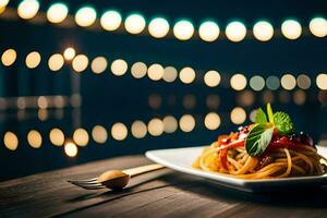 spaghetti met tomaat saus en peper Aan een bord. ai-gegenereerd foto