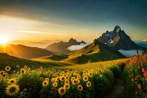 zonnebloemen en bergen Bij zonsondergang. ai-gegenereerd foto