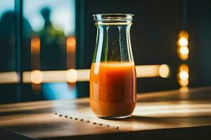 een glas fles van oranje sap zittend Aan een tafel. ai-gegenereerd foto