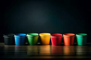 een rij van kleurrijk plastic cups Aan een donker achtergrond. ai-gegenereerd foto