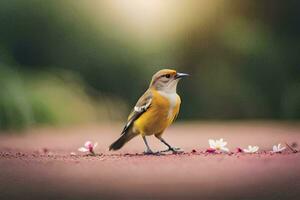 een klein geel vogel staand Aan de grond met bloemen. ai-gegenereerd foto