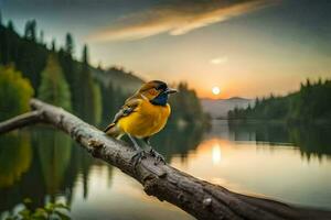 een vogel zit Aan een Afdeling in voorkant van een meer. ai-gegenereerd foto