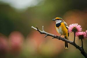 een vogel zit Aan een Afdeling met roze bloemen. ai-gegenereerd foto