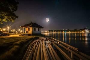 een vol maan over- de water Bij nacht. ai-gegenereerd foto