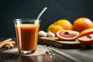 een glas van oranje sap met sinaasappels en specerijen. ai-gegenereerd foto
