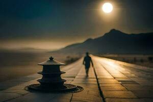 een Mens wandelen langs een pad met een lantaarn in de achtergrond. ai-gegenereerd foto