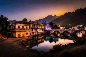 een brug over- een rivier- Bij zonsondergang in Indië. ai-gegenereerd foto