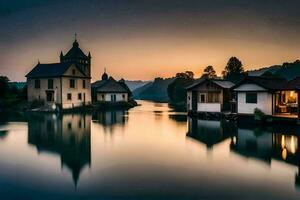 foto behang de lucht, water, meer, huis, kerk, kerk, kerk, kerk,. ai-gegenereerd