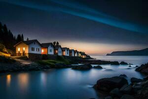 een huis Aan de kust van de oceaan Bij nacht. ai-gegenereerd foto