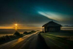 een klein hut zit Aan de kant van een weg Bij nacht. ai-gegenereerd foto