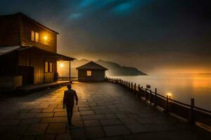 een Mens wandelingen langs een pier Bij nacht met een huis in de achtergrond. ai-gegenereerd foto