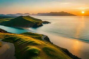 de zon sets over- de oceaan en met gras begroeid heuvels. ai-gegenereerd foto