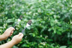 dichtbij omhoog handen houden roestvrij vork en lepel, buitenshuis achtergrond. concept, keukengerei, werktuig of uitrusting voor aan het eten. genieten maaltijden, gebruik lepel en vork naar lepel voedsel. kopiëren ruimte voor toevoegen tekst. foto