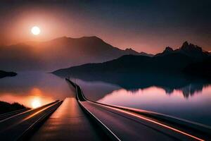 een weg leidend naar een meer Bij zonsondergang. ai-gegenereerd foto
