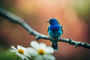 een blauw vogel zit Aan een Afdeling met bloemen. ai-gegenereerd foto