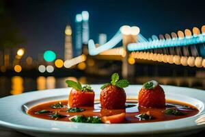 een bord van voedsel met tomaten en basilicum Aan een tafel in voorkant van een stad horizon. ai-gegenereerd foto