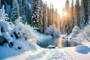 winter landschap met sneeuw gedekt bomen en rivier. ai-gegenereerd foto