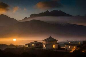 een kerk in de bergen Bij zonsondergang. ai-gegenereerd foto