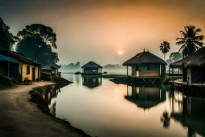een rivier- in de ochtend- met hutten en palm bomen. ai-gegenereerd foto