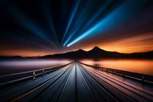 een lang pier met een helder licht schijnend over- de water. ai-gegenereerd foto