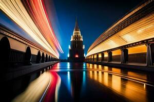 een lang blootstelling fotograaf van een kerk toren Bij nacht. ai-gegenereerd foto