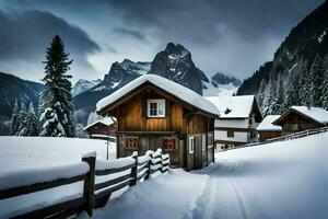 een besneeuwd berg dorp met een houten huis. ai-gegenereerd foto
