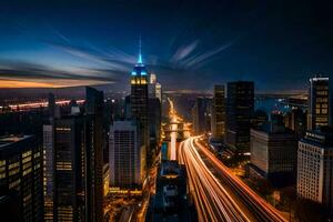 de stad Bij nacht met lang blootstelling fotografie. ai-gegenereerd foto