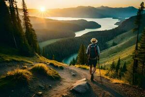 een Mens met een rugzak wandelen omhoog een berg Bij zonsondergang. ai-gegenereerd foto