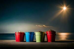 drie emmers van noten Aan een strand met de zon in de achtergrond. ai-gegenereerd foto