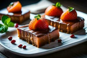 drie pleinen van chocola taart met aardbeien Aan top. ai-gegenereerd foto