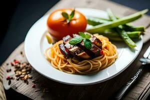 een bord van spaghetti met vlees en groenten. ai-gegenereerd foto