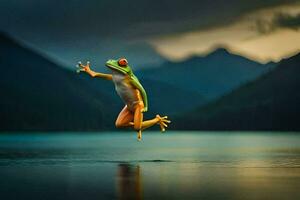 een kikker jumping in de lucht in voorkant van een meer. ai-gegenereerd foto