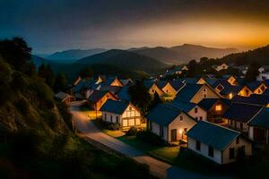een dorp Bij schemer met lichten Aan de daken. ai-gegenereerd foto