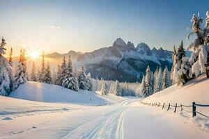 foto behang de lucht, sneeuw, bomen, bergen, zon, weg, spoor, winter,. ai-gegenereerd