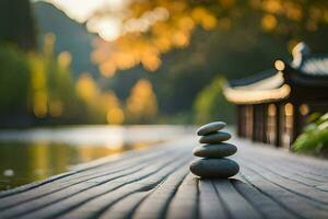 zen stenen Aan een houten pier. ai-gegenereerd foto