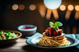 een bord van spaghetti met aardbeien en salade. ai-gegenereerd foto