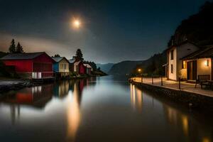 foto behang de lucht, nacht, maan, water, huizen, rivier, Noorwegen, de. ai-gegenereerd