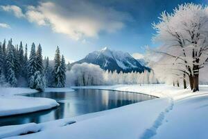 een besneeuwd landschap met een rivier- en bomen. ai-gegenereerd foto