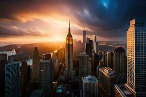 de zon sets over- de stad horizon in nieuw york. ai-gegenereerd foto