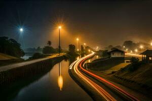 een lang blootstelling fotograaf van een rivier- Bij nacht. ai-gegenereerd foto