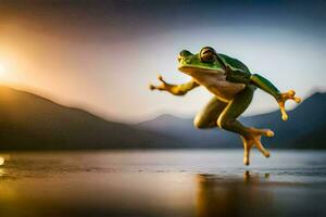 een kikker jumping in de lucht met de zon in de achtergrond. ai-gegenereerd foto