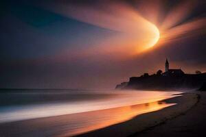 een kerk Aan de strand met een helder zon. ai-gegenereerd foto