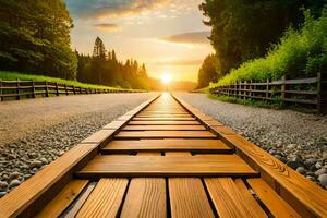 een houten spoorweg bijhouden leidend naar de zon. ai-gegenereerd foto
