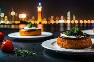 drie klein desserts Aan wit borden met een stad visie. ai-gegenereerd foto