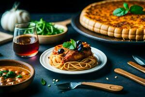 spaghetti, kaas en brood met een taart Aan een tafel. ai-gegenereerd foto