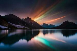 de Aurora borealis is weerspiegeld in de water. ai-gegenereerd foto