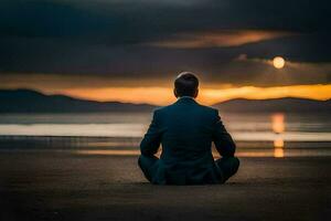 een Mens in een pak zit in meditatie Aan de strand. ai-gegenereerd foto